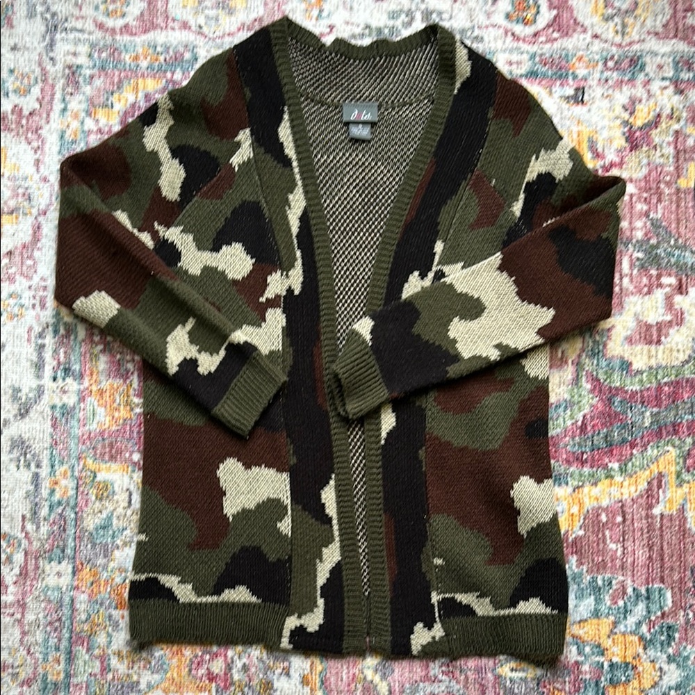 Dots Camo Knit Cardigan Sweater - Open Front, Army Green, Size Small